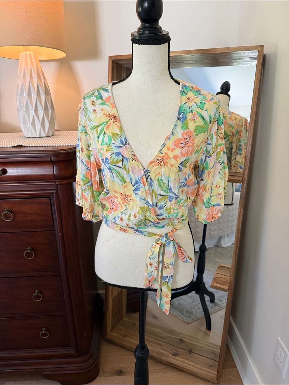 Billabong Cream Floral Wrap Top with Pastel Accents